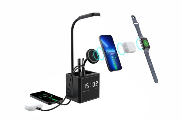 Лампа "Smart Flex" с беспроводным 3в1 (15W) ЗУ с MagSafe, часами, карандашницей и подсветкой логотипа - Лампа "Smart Flex" с беспроводным 3в1 (15W) ЗУ с MagSafe, часами, карандашницей и подсветкой логотипа черный
