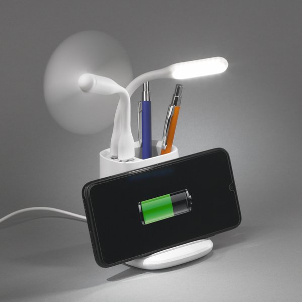 Карандашница "Smart Stand" с беспроводным зарядным устройством, вентилятором и лампой (2USB разъёма) - Карандашница "Smart Stand" с беспроводным зарядным устройством, вентилятором и лампой (2USB разъёма) белый