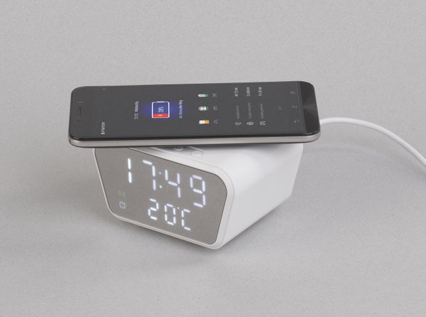 Настольные часы "Smart Clock" с беспроводным (15W) зарядным устройством, будильником и термометром - Настольные часы "Smart Clock" с беспроводным (15W) зарядным устройством, будильником и термометром белый