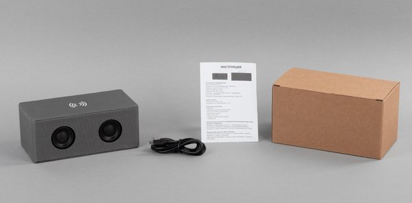 Bluetooth колонка "Cool Gray" с двумя динамиками (2х3Вт) и беспроводным зарядным устройством, переработанный пластик (RPET) - Bluetooth колонка "Cool Gray" с двумя динамиками (2х3Вт) и беспроводным зарядным устройством, переработанный пластик (RPET) серый