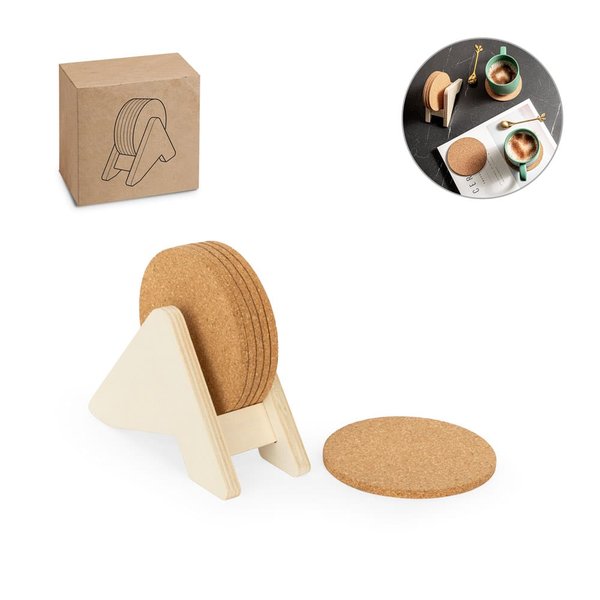 Подставка из фанеры с 6 пробковыми подставками для стаканов PLYCORK - Подставка из фанеры с 6 пробковыми подставками для стаканов PLYCORK