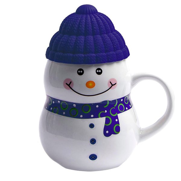 Кружка SNOWMAN с крышкой - Кружка SNOWMAN с крышкой, белый с синим, 380мл, фарфор, силикон