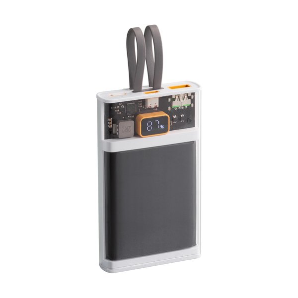 Зарядное (22.5W) устройство "Link" 10000 mAh с прозрачным корпусом, цифровым индикатором заряда и встроенными Type-C/Lightning кабелями - Зарядное (22.5W) устройство "Link" 10000 mAh с прозрачным корпусом, цифровым индикатором заряда и встроенными Type-C/Lightning кабелями белый/черный
