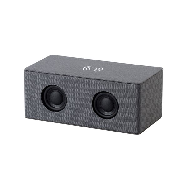 Bluetooth колонка "Cool Gray" с двумя динамиками (2х3Вт) и беспроводным зарядным устройством, переработанный пластик (RPET) - Bluetooth колонка "Cool Gray" с двумя динамиками (2х3Вт) и беспроводным зарядным устройством, переработанный пластик (RPET) серый