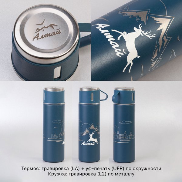 Набор подарочный "Алтай": термос, 3 кружки, покрытие пудра - Набор подарочный "Алтай": термос, 3 кружки, покрытие пудра темно-синий