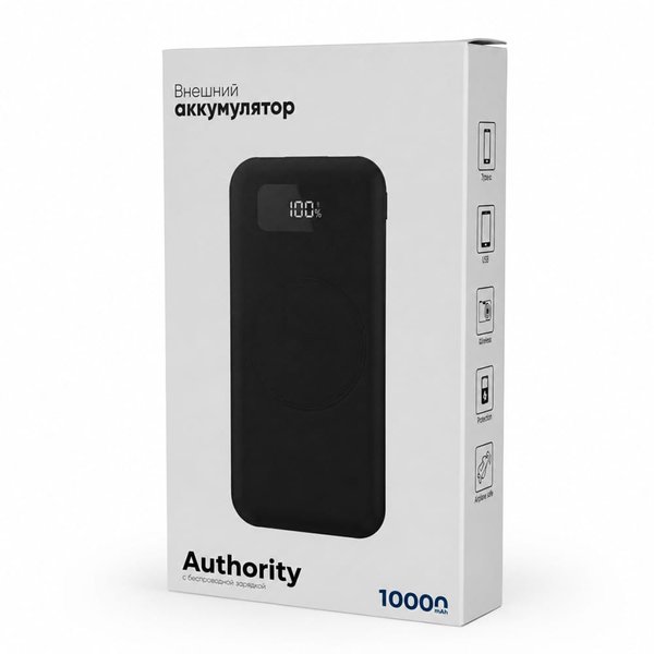 Внешний аккумулятор Authority с беспроводной зарядкой (5W), 10000 mAh - Внешний аккумулятор Authority с беспроводной зарядкой (5W), 10000 mAh, чёрный