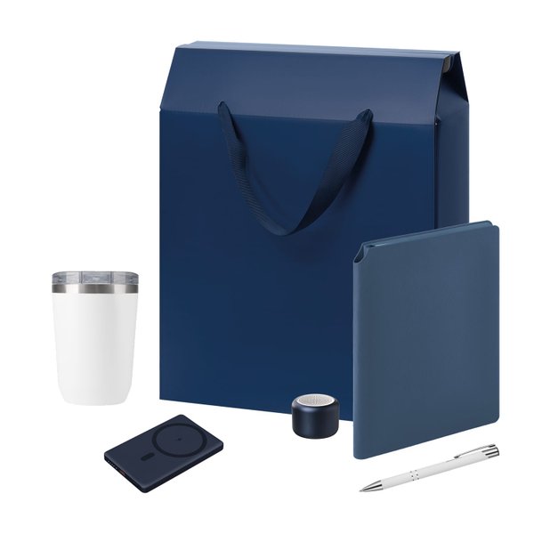 Подарочный набор Велком Пак Премиум (Welcome Pack Premium), синий (термокружка, колонка, ежедневник, ручка, ЗУ, коробка-пакет)