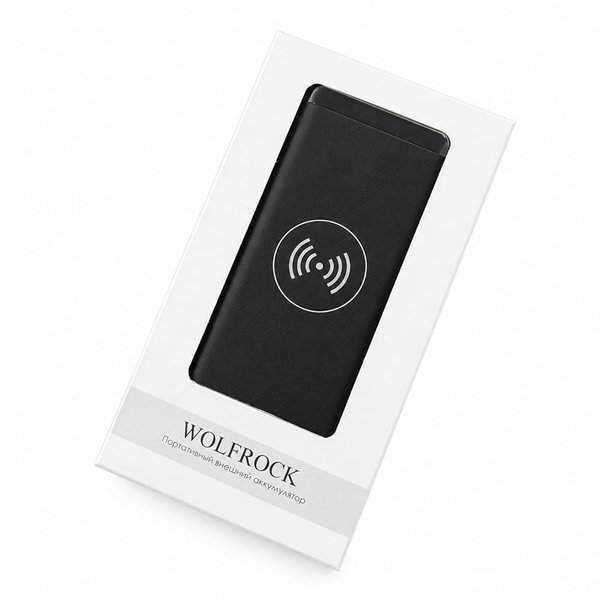 Внешний аккумулятор Wolfrock с беспроводной зарядкой soft-touch покрытием, 10000 mAh, черный - Внешний аккумулятор Wolfrock с беспроводной зарядкой soft-touch покрытием, 10000 mAh, черный