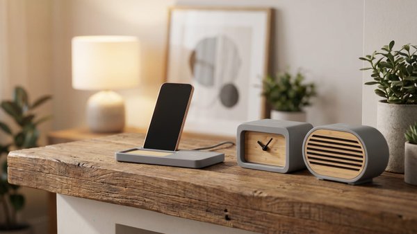 Bluetooth-колонка "Stonehenge" 5Вт с беспроводным зарядным устройством, камень/бамбук - Bluetooth-колонка "Stonehenge" 5Вт с беспроводным зарядным устройством, камень/бамбук серый/бежевый