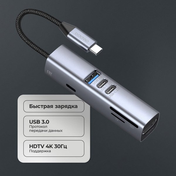 USB-хаб 7 в 1 USB-C - USB-A3.0 + 2хUSB-C + USB-C PD100Вт + HDMI + SD + microSD - USB-хаб 7 в 1 USB-C - USB-A3.0 + 2хUSB-C + USB-C PD100Вт + HDMI + SD + microSD