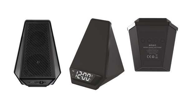 Настольная Bluetooth колонка (3Вт) "Smart Pyramid" с часами и беспроводным (15W) зарядным устройством, с подсветкой логотипа - Настольная Bluetooth колонка (3Вт) "Smart Pyramid" с часами и беспроводным (15W) зарядным устройством, с подсветкой логотипа черный