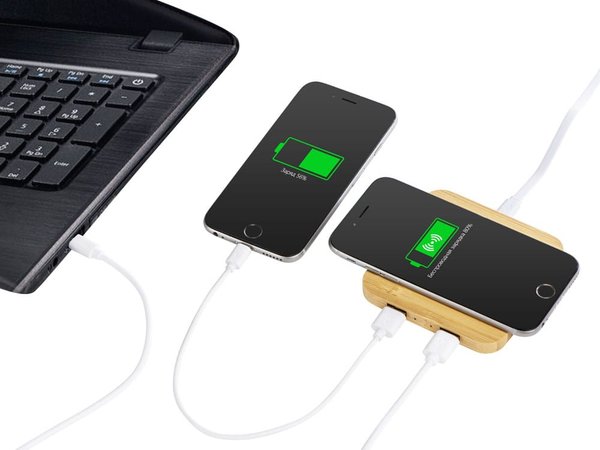 USB-хаб с беспроводной зарядкой из бамбука «Plato», 5 Вт - USB-хаб с беспроводной зарядкой из бамбука «Plato», 5 Вт