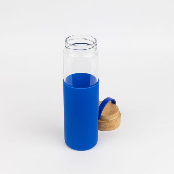 Бутылка стеклянная с силиконовой манжетой и бамбуковой крышкой Glass - Бутылка стеклянная с силиконовой манжетой и бамбуковой крышкой Glass, синяя