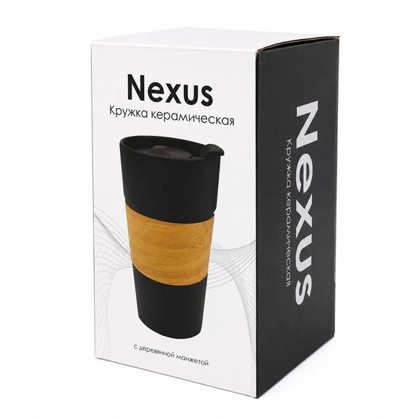 Кружка керамическая с деревянной манжетой Nexus, чёрная - Кружка керамическая с деревянной манжетой Nexus, чёрная