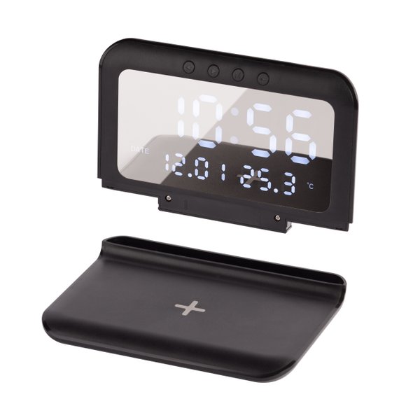 Настольные часы "Smart Time" с беспроводным (15W) зарядным устройством, будильником и термометром, со съёмным дисплеем - Настольные часы "Smart Time" с беспроводным (15W) зарядным устройством, будильником и термометром, со съёмным дисплеем черный