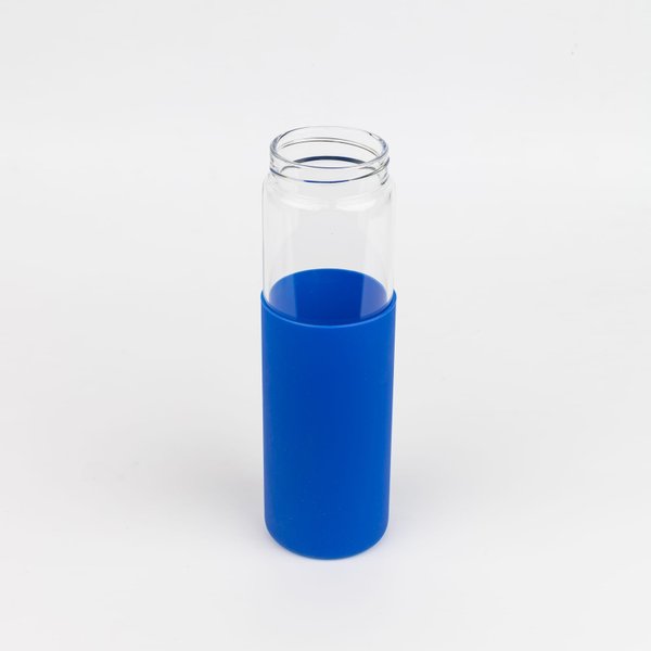 Бутылка стеклянная с силиконовой манжетой и бамбуковой крышкой Glass - Бутылка стеклянная с силиконовой манжетой и бамбуковой крышкой Glass, синяя