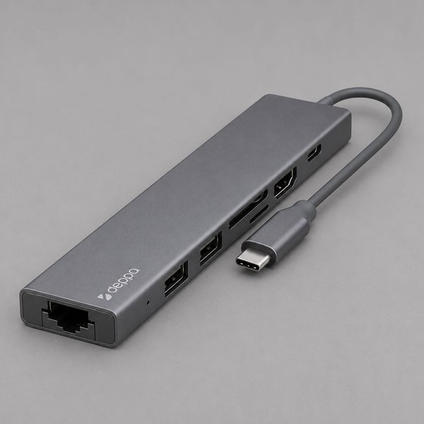 USB Type-C хаб 7-в-1, HDMI, Power Delivery, 2xUSB 3.0, RJ45, microSD/SD - USB Type-C хаб 7-в-1, HDMI, Power Delivery, 2xUSB 3.0, RJ45, microSD/SD