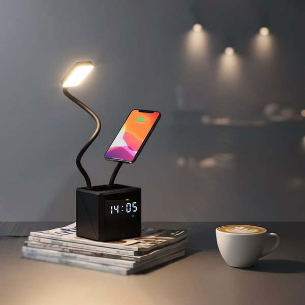 Лампа "Smart Flex" с беспроводным 3в1 (15W) ЗУ с MagSafe, часами, карандашницей и подсветкой логотипа - Лампа "Smart Flex" с беспроводным 3в1 (15W) ЗУ с MagSafe, часами, карандашницей и подсветкой логотипа черный