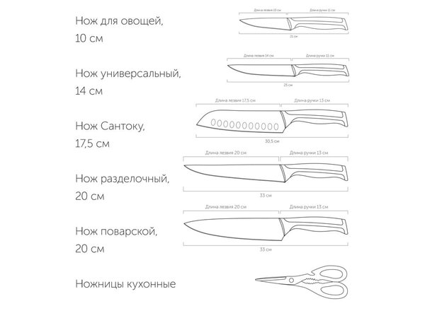 Набор из 5 кухонных ножей, ножниц и блока для ножей с ножеточкой «URSA» - Набор из 5 кухонных ножей, ножниц и блока для ножей с ножеточкой «URSA»