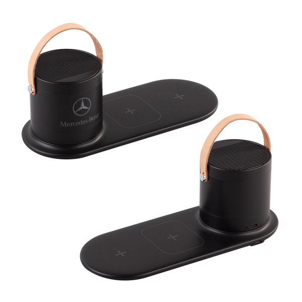 Настольная беспроводная (15W) зарядная станция "Blacksmith" с bluetooth колонкой с подсветкой логотипа - Настольная беспроводная (15W) зарядная станция "Blacksmith" с bluetooth колонкой с подсветкой логотипа черный