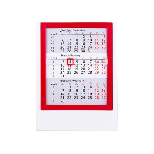 Календарь настольный на 2 года; сетка 26-27 - Календарь настольный на 2 года; белый с красным; 12,5х16 см; пластик; шелкография, тампопечать