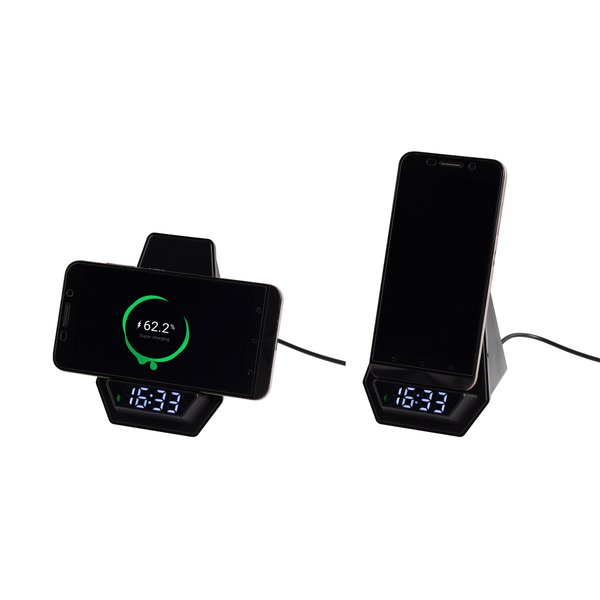 Настольная Bluetooth колонка (3Вт) "Smart Pyramid" с часами и беспроводным (15W) зарядным устройством, с подсветкой логотипа - Настольная Bluetooth колонка (3Вт) "Smart Pyramid" с часами и беспроводным (15W) зарядным устройством, с подсветкой логотипа черный