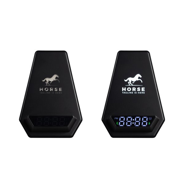 Настольная Bluetooth колонка (3Вт) "Smart Pyramid" с часами и беспроводным (15W) зарядным устройством, с подсветкой логотипа - Настольная Bluetooth колонка (3Вт) "Smart Pyramid" с часами и беспроводным (15W) зарядным устройством, с подсветкой логотипа черный