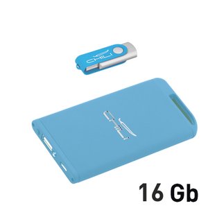 набор зарядное "theta" 4000 mah + флеш-карта "vostok" 16гб в футляре, голубой, покрытие soft touch