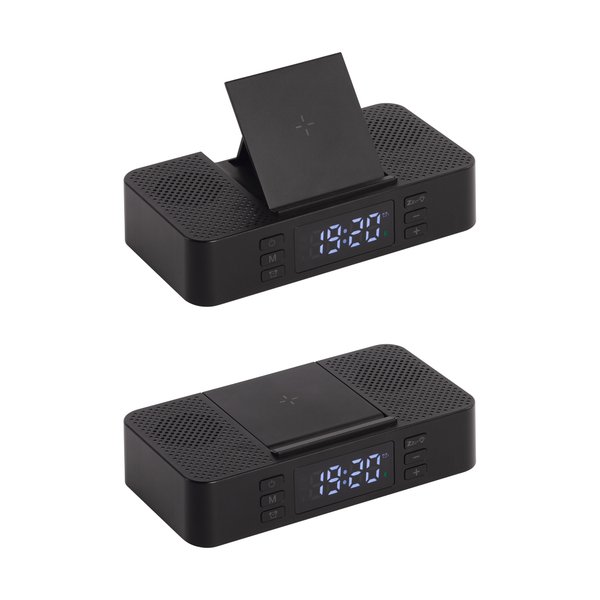 Настольные часы "Smart Box" с bluetooth колонкой (2х3Вт), беспроводным (15W) зарядным устройством и складной подставкой под смартфон - Настольные часы "Smart Box" с bluetooth колонкой (2х3Вт), беспроводным (15W) зарядным устройством и складной подставкой под смартфон черный