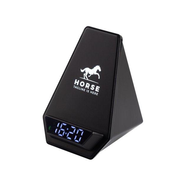 Настольная Bluetooth колонка (3Вт) "Smart Pyramid" с часами и беспроводным (15W) зарядным устройством, с подсветкой логотипа - Настольная Bluetooth колонка (3Вт) "Smart Pyramid" с часами и беспроводным (15W) зарядным устройством, с подсветкой логотипа черный