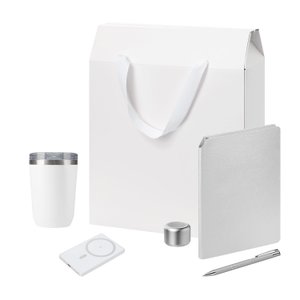 Подарочный набор Велком Пак Премиум (Welcome Pack Premium), серебряный (термокружка, колонка, ежедневник, ручка, ЗУ, коробка-пакет)