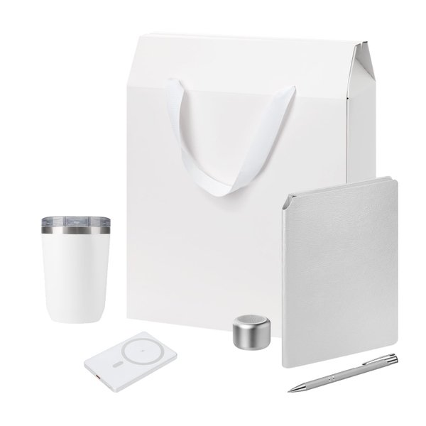 Подарочный набор Велком Пак Премиум (Welcome Pack Premium), серебряный (термокружка, колонка, ежедневник, ручка, ЗУ, коробка-пакет)