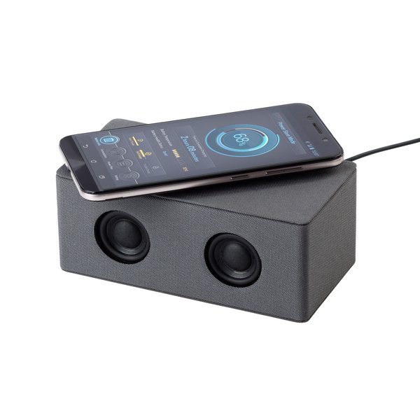 Bluetooth колонка "Cool Gray" с двумя динамиками (2х3Вт) и беспроводным зарядным устройством, переработанный пластик (RPET) - Bluetooth колонка "Cool Gray" с двумя динамиками (2х3Вт) и беспроводным зарядным устройством, переработанный пластик (RPET) серый