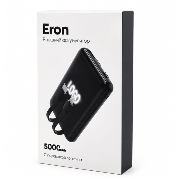 Внешний аккумулятор Eron с подсветкой гравировки, 5000 mAh, чёрный/ - Внешний аккумулятор Eron с подсветкой гравировки, 5000 mAh, чёрный/белый