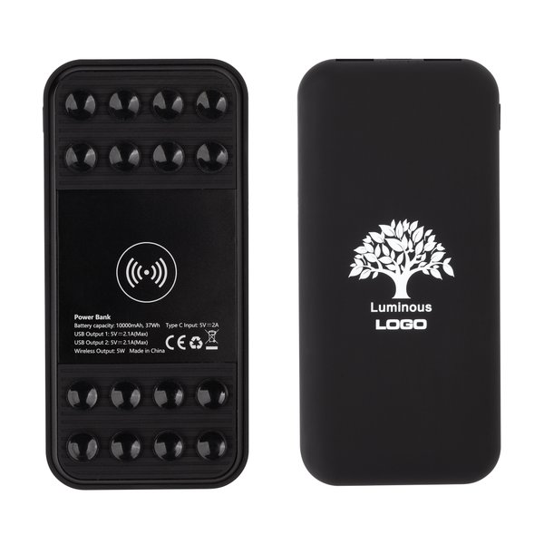 Беспроводное зарядное устройство "Sticky SOFTTOUCH", 10000 mAh с подсветкой логотипа и присосками - Беспроводное зарядное устройство "Sticky SOFTTOUCH", 10000 mAh с подсветкой логотипа и присосками черный