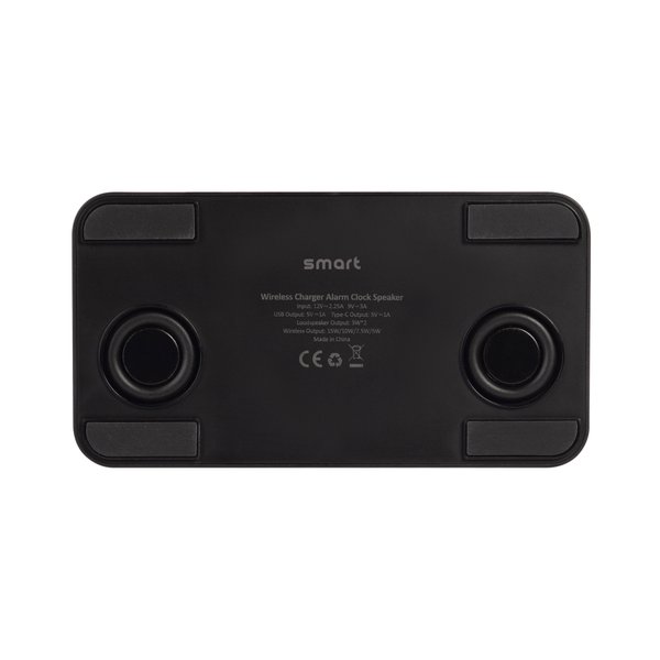 Настольные часы "Smart Box" с bluetooth колонкой (2х3Вт), беспроводным (15W) зарядным устройством и складной подставкой под смартфон - Настольные часы "Smart Box" с bluetooth колонкой (2х3Вт), беспроводным (15W) зарядным устройством и складной подставкой под смартфон черный