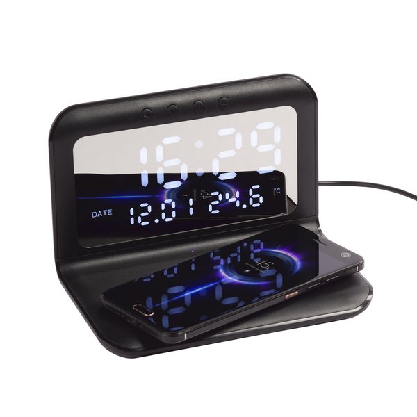 Настольные часы "Smart Time" с беспроводным (15W) зарядным устройством, будильником и термометром, со съёмным дисплеем - Настольные часы "Smart Time" с беспроводным (15W) зарядным устройством, будильником и термометром, со съёмным дисплеем черный