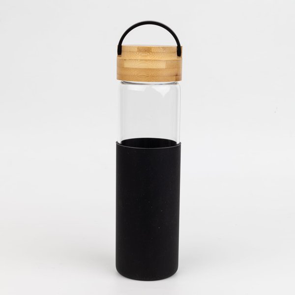 Бутылка стеклянная с силиконовой манжетой и бамбуковой крышкой Glass - Бутылка стеклянная с силиконовой манжетой и бамбуковой крышкой Glass, черная