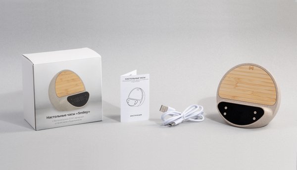 Настольные часы "Smiley" с беспроводным (10W) зарядным устройством и будильником, пшеница/бамбук/пластик - Настольные часы "Smiley" с беспроводным (10W) зарядным устройством и будильником, пшеница/бамбук/пластик бежевый
