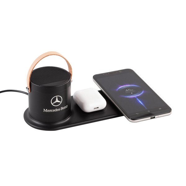 Настольная беспроводная (15W) зарядная станция "Blacksmith" с bluetooth колонкой с подсветкой логотипа - Настольная беспроводная (15W) зарядная станция "Blacksmith" с bluetooth колонкой с подсветкой логотипа черный