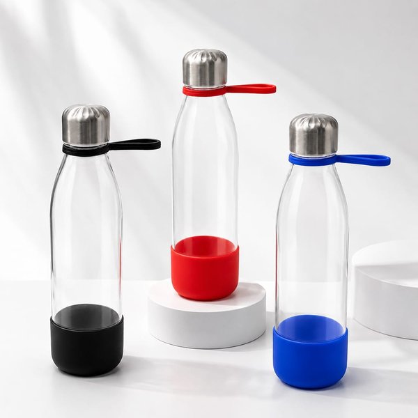 Бутылка стеклянная с манжетой и держателем Glassy - Бутылка стеклянная с манжетой и держателем Glassy, чёрная