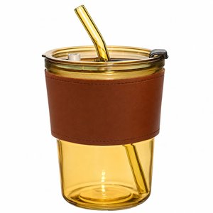 стакан стеклянный с трубочкой и капхолдером karamel
