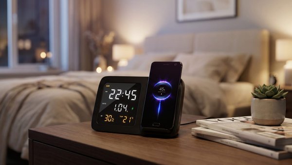 Настольные часы "Smart Screen" с беспроводным (15W) зарядным устройством, гигрометром, термометром, календарём, с подсветкой логотипа - Настольные часы "Smart Screen" с беспроводным (15W) зарядным устройством, гигрометром, термометром, календарём, с подсветкой логотипа черный