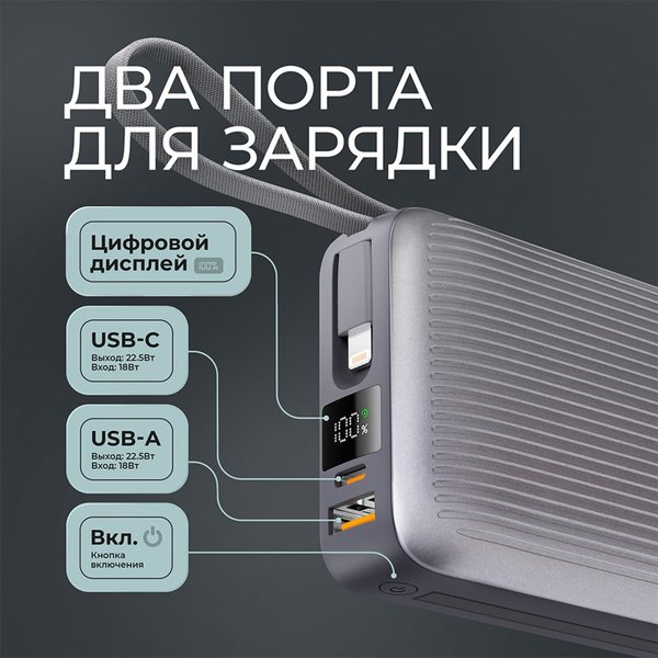Внешний АКБ NRG Turbo Cable 20000 mAh, 22,5Вт - Внешний АКБ NRG Turbo Cable 20000 mAh, 22,5Вт