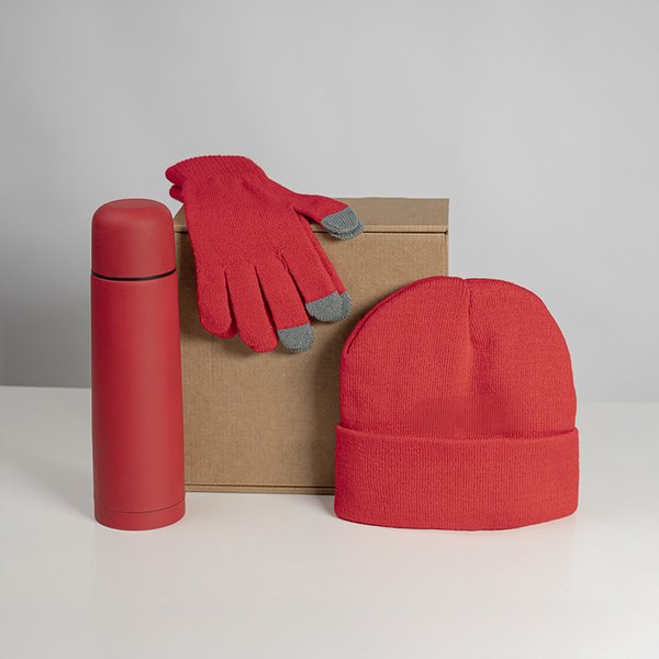 Набор подарочный GET WARM: перчатки, шапка, термос; красный - Набор подарочный GET WARM: перчатки, шапка, термос; красный