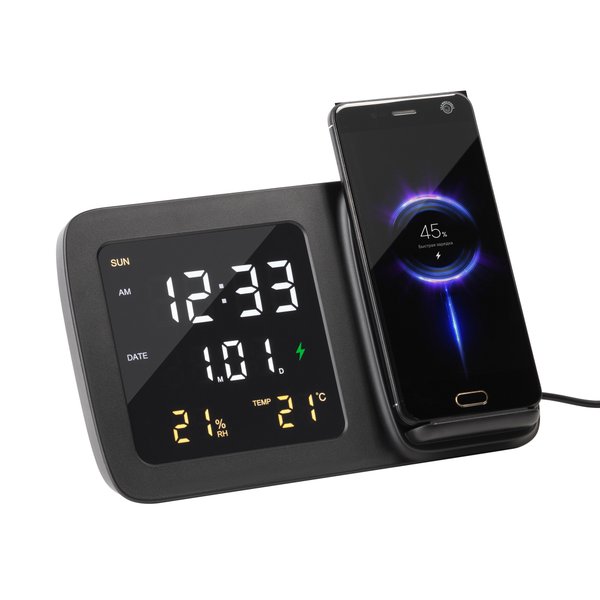 Настольные часы "Smart Screen" с беспроводным (15W) зарядным устройством, гигрометром, термометром, календарём, с подсветкой логотипа - Настольные часы "Smart Screen" с беспроводным (15W) зарядным устройством, гигрометром, термометром, календарём, с подсветкой логотипа черный