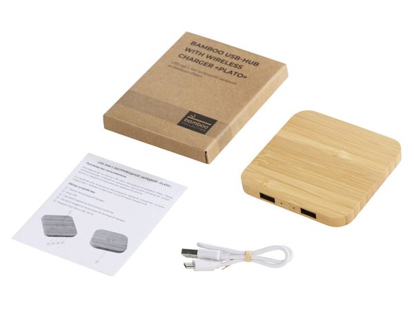 USB-хаб с беспроводной зарядкой из бамбука «Plato», 5 Вт - USB-хаб с беспроводной зарядкой из бамбука «Plato», 5 Вт