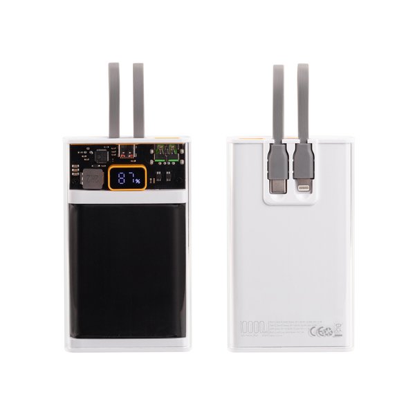 Зарядное (22.5W) устройство "Link" 10000 mAh с прозрачным корпусом, цифровым индикатором заряда и встроенными Type-C/Lightning кабелями - Зарядное (22.5W) устройство "Link" 10000 mAh с прозрачным корпусом, цифровым индикатором заряда и встроенными Type-C/Lightning кабелями белый/черный