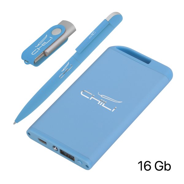 Набор ручка + флеш-карта 16Гб + зарядное устройство 4000 mAh в футляре покрытие soft touch - Набор ручка + флеш-карта 16Гб + зарядное устройство 4000 mAh в футляре покрытие soft touch голубой