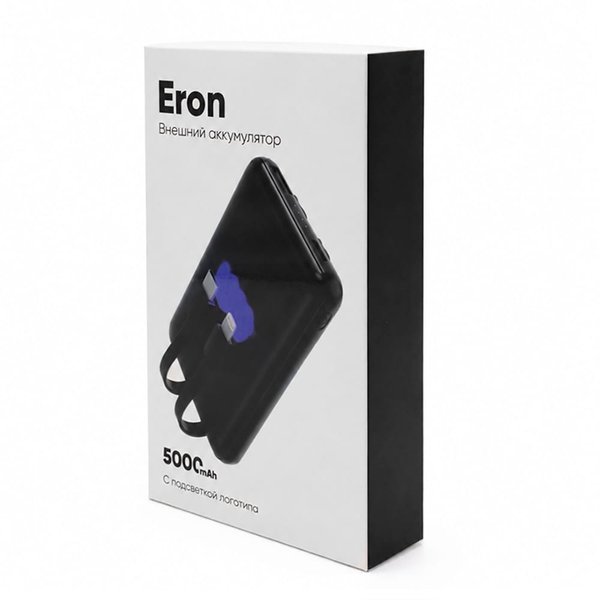 Внешний аккумулятор Eron с подсветкой гравировки, 5000 mAh, чёрный/ - Внешний аккумулятор Eron с подсветкой гравировки, 5000 mAh, чёрный/синий